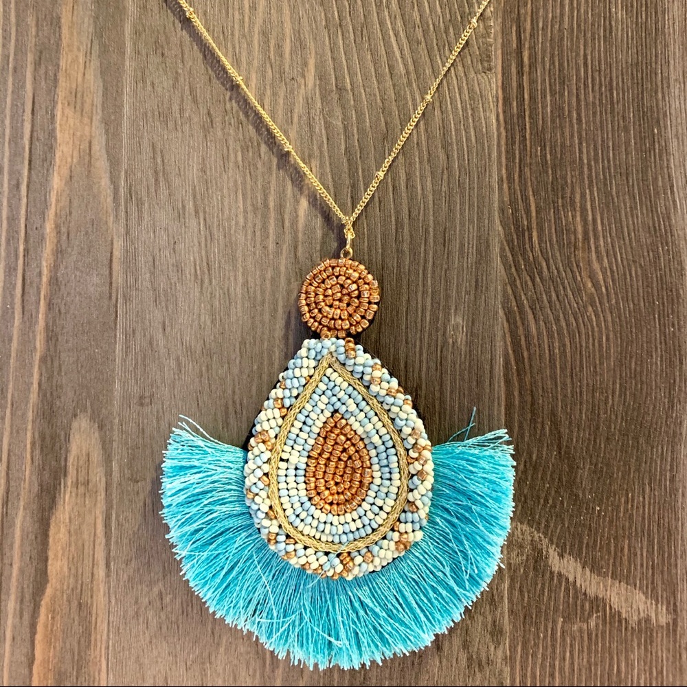 Mint Seed Bead Fan Pendant Necklace